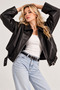 Women's Oversize Leather Jacket with Lined Pockets - Relax Fit, Zippered Belt Detail - 2