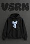 Blue Bow Design Pre-Printed Oversize Black Hooded Sweatshirt