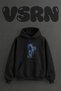 Blue Flowing Horse Design Pre-Printed Oversize Black Hooded Sweatshirt