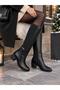 Black Leather Buckle Detail Heeled Boots