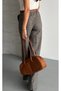 Women's Brown Herringbone Patterned High Waist Palazzo Wide Leg Fabric Trousers - 6