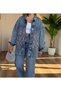Women's Blue Denim Stone Leopard Pattern Oversized Shirt Jacket - 3