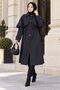 Women's Black Cape Detailed Belted Buttoned Long Trench Coat Nbft015