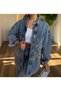 Women's Blue Denim Stone Leopard Pattern Oversized Shirt Jacket - 4
