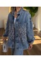Women's Blue Denim Stone Leopard Pattern Oversized Shirt Jacket