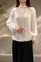 Women's Cream Ruffled High-Neck Shirt with Sparkle - Organza, Stylish Blouse with Stone Stripe Detail Lining - 2