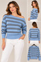 Women's Blue Striped Boat Neck Knit Sweater – Long Sleeve Loose Fit Model - 2