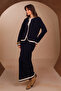 Women's Contrast Piping Bow Collar 2-Piece Knitwear Skirt Hijab Set 8416 Navy Blue - 7
