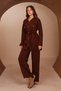 Women's Polo Collar Gold Buttoned Waist Belted 2-Piece Knitwear Hijab Set 8410 Brown - 6