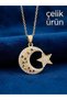 Women's Colorful Stone Detailed Moon and Star Steel Necklace