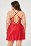 Women's Red Plus Size Tulle Detailed Lace Satin Nightgown - 6