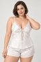 Women's Ecru Plus Size Stylish Satin Shorts Set with Vertical Lace Detail - 3