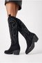Embroidered Zipper Detailed Western Long Women's Cowboy Boots Black