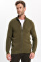 Men's Standard Fit Regular Cut Patterned Half Turtleneck Zipper Open Khaki Color Cardigan