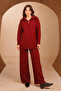 Women's Half Zipper Wide Collar Hijab 2-Piece Knitwear Set 4816 Claret Red - 6