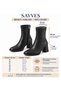 Black Leather Blunt Toe Center Stitched Heeled Boots (7cm) - 2