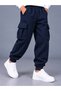 Unisex Children's Dark Blue Cargo Pocket Sweatpants 3-Strand Shardoon Fabric (Thick-Winter)