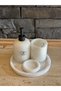 4 Piece White Natural Stone Look Bathroom Set – Soap Dish Set with Silver Detail Round Tray - 5