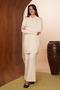 Women's Polo Collar Hair Braided Textured 2-Piece Hijab Knitwear Set 8568 Ecru - 5