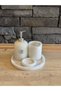 4 Piece White Natural Stone Look Bathroom Set – Soap Dish Set with Silver Detail Round Tray - 8