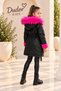 Girl's Fuchsia Welsoft Fur Hooded Water Repellent Black Leather Coat - 3