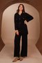 Women's Polo Collar Gold Buttoned Waist Belted 2-Piece Knitwear Hijab Set 8410 Black - 7