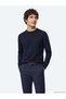 Navy Blue Crew Neck Plain Knit Wool Blended Sweater - 4
