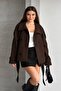 Women's Stand Collar Brown Belted Short Lined Cashmere Coat - 5