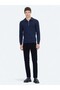 Navy Blue Polo Neck Jacquard Knit Sweater - 2