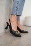 Women's Sante Black Leather Buckle Detailed Heeled Shoes - 3