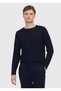 Navy Blue Crew Neck Plain Knit Wool Blended Sweater