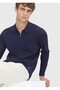 Navy Blue Polo Neck Plain Knit Sweater - 3