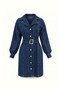 Double-Breasted Collar, Buttoned Belt Detail, Navy Blue Denim Dress