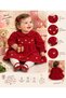 Baby Girl Red Velvet Dress Heart Patterned Long Sleeve Collared Stylish Special Occasion Dress - 2