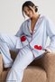 Blue Line Patterned Heart Embroidered Soft Tuşe Winter Buttoned Ribbed Knitted Pajamas Set 8084