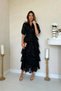 Women's Black Short Balloon Sleeve Buttoned Layered Ruffle Jacquard Belted Midi Dress