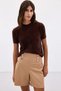 Women's Brown Crew Neck Short Sleeve Fuzzy Knitwear Blouse Soft Textured Knitted Top - 8