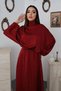 Women's Burgundy Satin High Collar Bat Sleeve Long Sleeve Elastic Waist Maxi Length Evening Dress - 3
