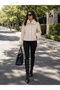 Women's White Fur Collar Detailed Short Cashmere Jacket with Gold Zipper and Side Pockets