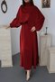 Women's Burgundy Satin High Collar Bat Sleeve Long Sleeve Elastic Waist Maxi Length Evening Dress - 4