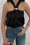 Women's Black Satin Halter Neck Metal Buckle Detailed Sleeveless Halter Neck Flowy Blouse - 3
