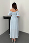 Women's Blue Carmen Madon Collar Elastic Waist Balloon Sleeve Muslin Fabric Casual Summer Dress - 3
