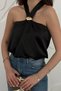 Women's Black Satin Halter Neck Metal Buckle Detailed Sleeveless Halter Neck Flowy Blouse - 4