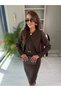 Women's Brown Gold Glitter Tweed Long Sleeve Crop Jacket and Belted Pencil Skirt Two-Piece Set - 4
