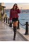 Women's Burgundy Stand Collar Zippered Long Sleeve Suede Jacket with Flap Pockets - 2