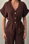 Women's Brown V-Neck Short-Sleeved Buttoned Belted Wide-Leg Pants Linen Double Bottom Top Set - 4