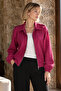 Women's Fuchsia Felt Fabric Coat with Zipper Front and Elastic Sleeves Arm-27K001041