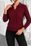 Women's Polo V-Neck Long Sleeve Hair Braided Corduroy Burgundy Knitwear Sweater