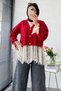 Premium Lace Detailed Sleeve Gathered Knitwear Cardigan - Red - 2