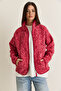 Women's Pink Patterned Stand Collar Pocket Detailed Ribbed Zippered Teddy Jacket 880 60286659 - 3